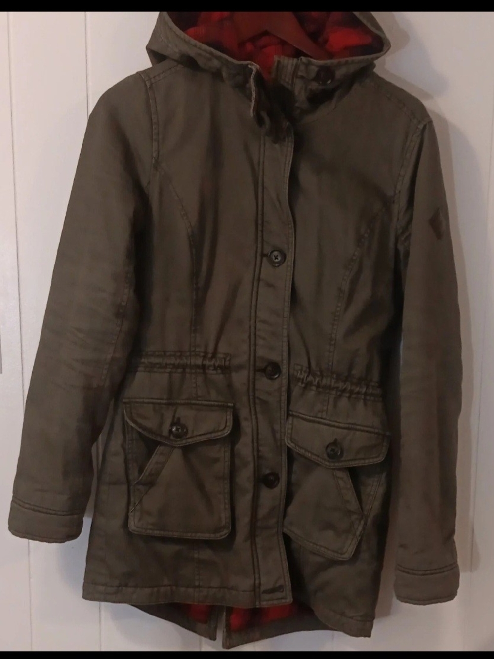 Hollister Olive Green Hooded Utility Jacket with Red Plaid Lining